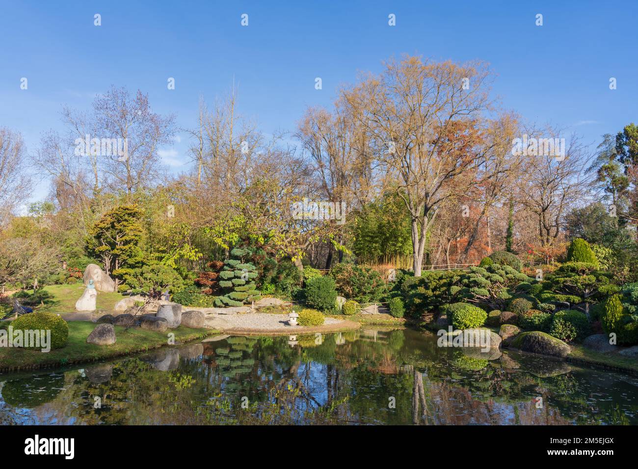 Vista panoramica del paesaggio nel pittoresco giardino giapponese Pierre Baudis con alberi e massi riflessione in stagno nel parco pubblico Compans-Caffarelli, Tolosa Foto Stock