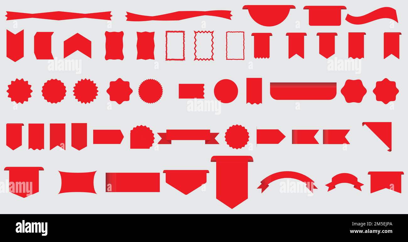 Set di etichette rosse. Vendita e nuovo set di etichette. Rotoli rossi e striscioni isolato collezione. Sconti su nastri rossi, banner, etichette per la spesa e icone. Illustrazione Vettoriale