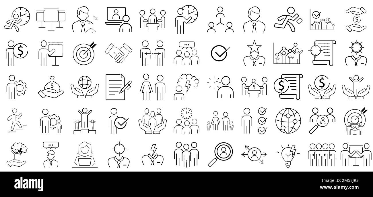 Icone persone di affari set. Risorse umane, gestione dell'ufficio - set di icone Web a linee sottili. Businessman contorno icone collezione. Illustrazione Vettoriale
