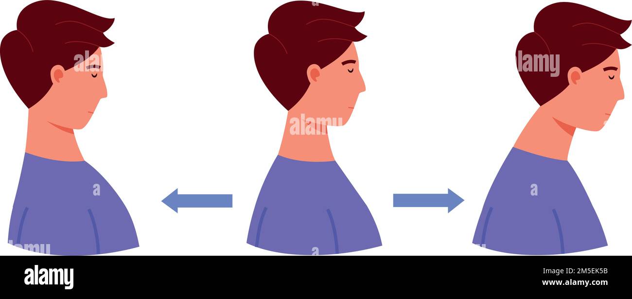 Infografica sulla postura del collo. Icona di esercitazione di estensione del corpo isolata su sfondo bianco Illustrazione Vettoriale