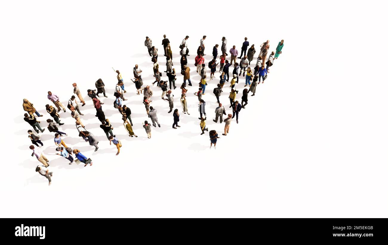 Concetto concettuale grande comunità di persone che formano il cartello stradale. metafora dell'illustrazione 3d per navigazione, strategia, viaggio, guida, scelta e d Foto Stock