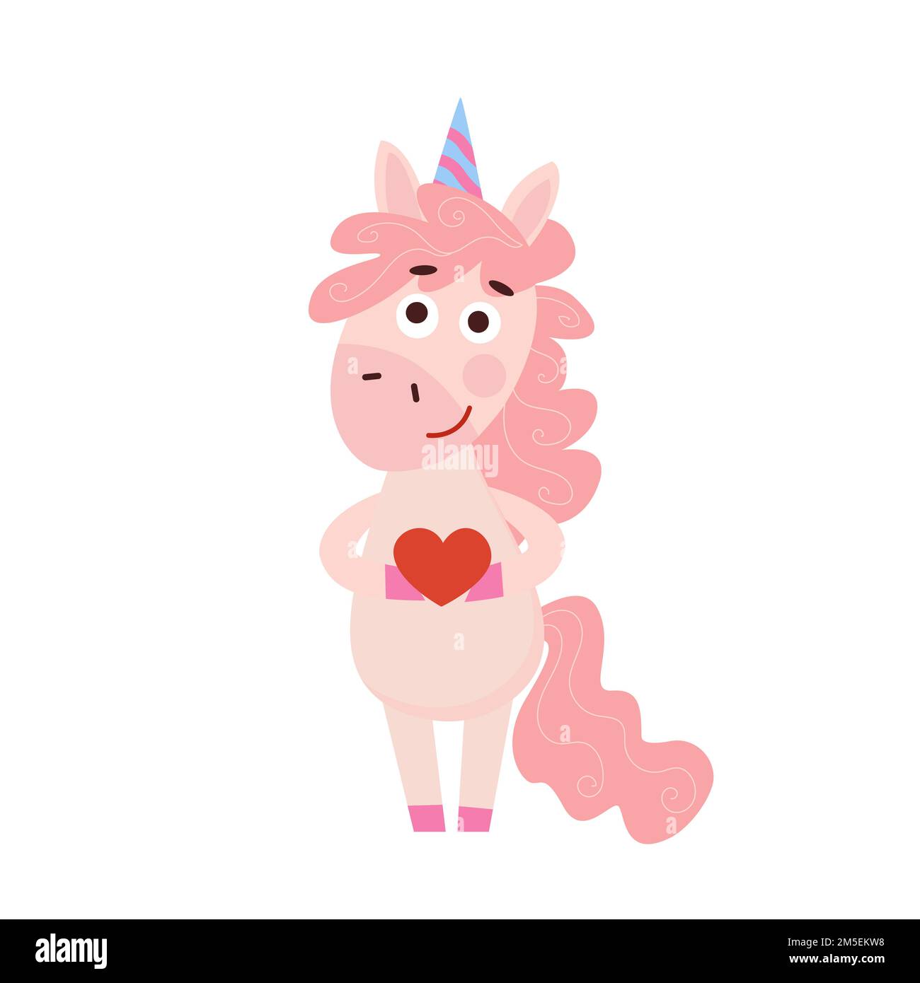 Carino simpatico simpatico simpatico fumetto Unicorn tenere il cuore rosso su uno sfondo bianco Illustrazione Vettoriale