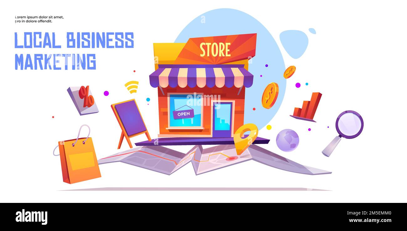 Modello banner marketing aziendale locale. SEO, avviare il finanziamento progetto di sostegno servizio. Piccola impresa, negozio o negozio stand sulla mappa. Progetto di città di costruzione di mercato, illustrazione di cartone animato Illustrazione Vettoriale