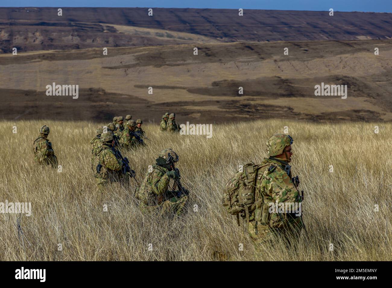 STATI UNITI Soldati dell'esercito, assegnati a "Bushmaster" Bravo Company, 1st Divisione Fanteria, pattugliano una collina durante un esercizio combinato di addestramento antincendio a armi vive presso la Smardan Training Area il 8 marzo 2022. Il CALFEX rafforza i legami di amicizia tra le forze americane e rumene e contribuisce a scoraggiare ulteriori aggressioni in Europa. Foto Stock