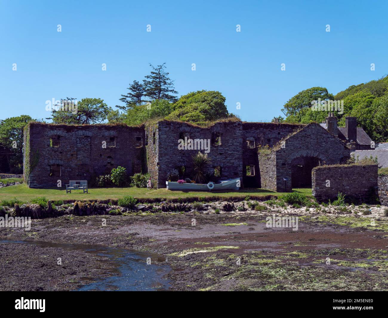 Rovine di pietra di un antico edificio in una soleggiata giornata primaverile, nel sud dell'Irlanda. Le rovine di Arundel Grain Store vicino Clonakilty, Cork Ovest, 16th cent Foto Stock