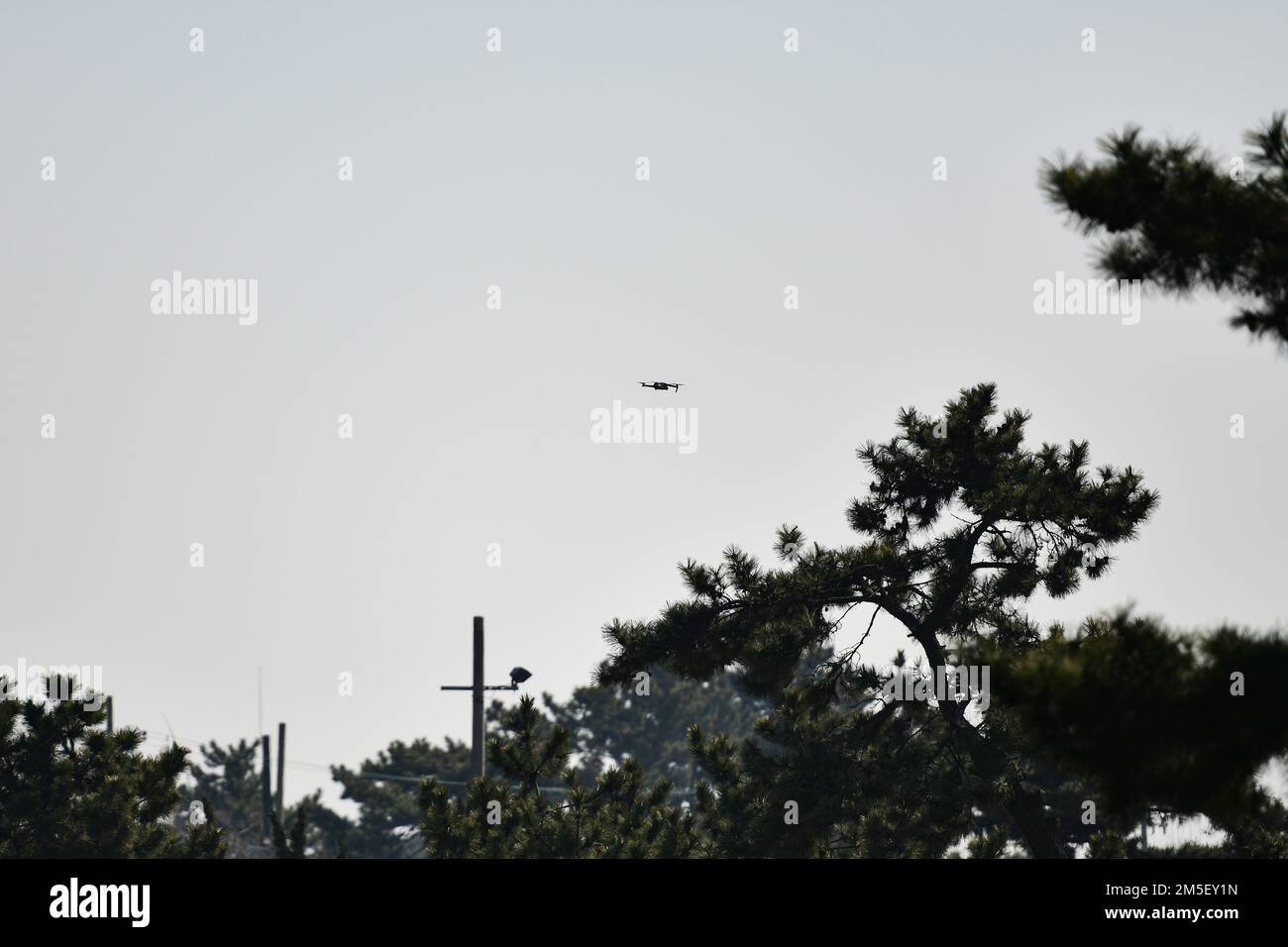Un piccolo sistema di aerei senza equipaggio vola in alto durante un evento di allenamento di routine alla base aerea di Kunsan, Repubblica di Corea, 9 marzo 2022. I soccorritori di emergenza, tra cui i difensori dello Squadron delle forze di sicurezza 8th e i vigili del fuoco dello Squadron dell'ingegnere civile 8th e i tecnici di smaltimento delle ordigni esplosivi, hanno testato i loro tempi di risposta e le loro capacità di individuare e distruggere i loro diritti stranieri. Foto Stock