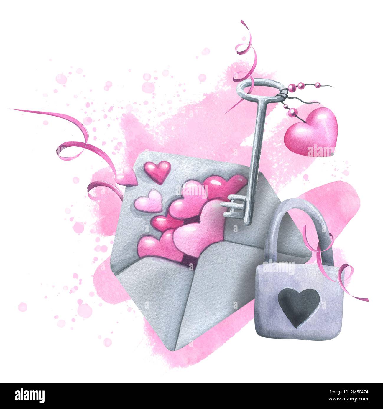 Una busta di carta grigia con cuori e nastri rosa, una serratura e tasti. Illustrazione acquerello. Composizione della collezione DI SAN VALENTINO. Per Foto Stock