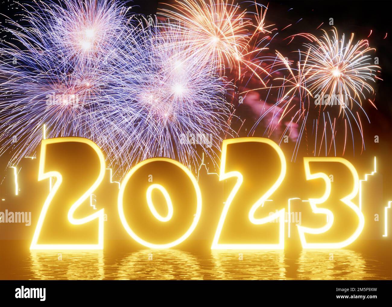 3D rendering del colorato spettacolo di fuochi d'artificio festeggiamenti per il Capodanno del 2023 Foto Stock