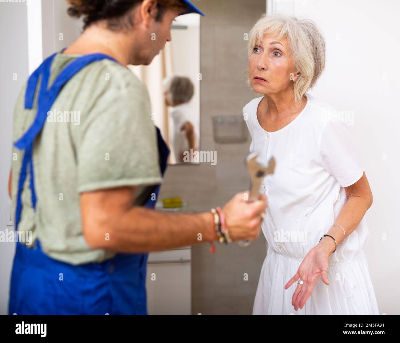 Donna anziana che parla con l'idraulico a casa Foto Stock