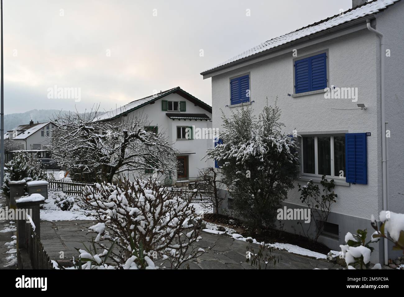 Due case di famiglia e giardini con alberi in inverno. Foto Stock