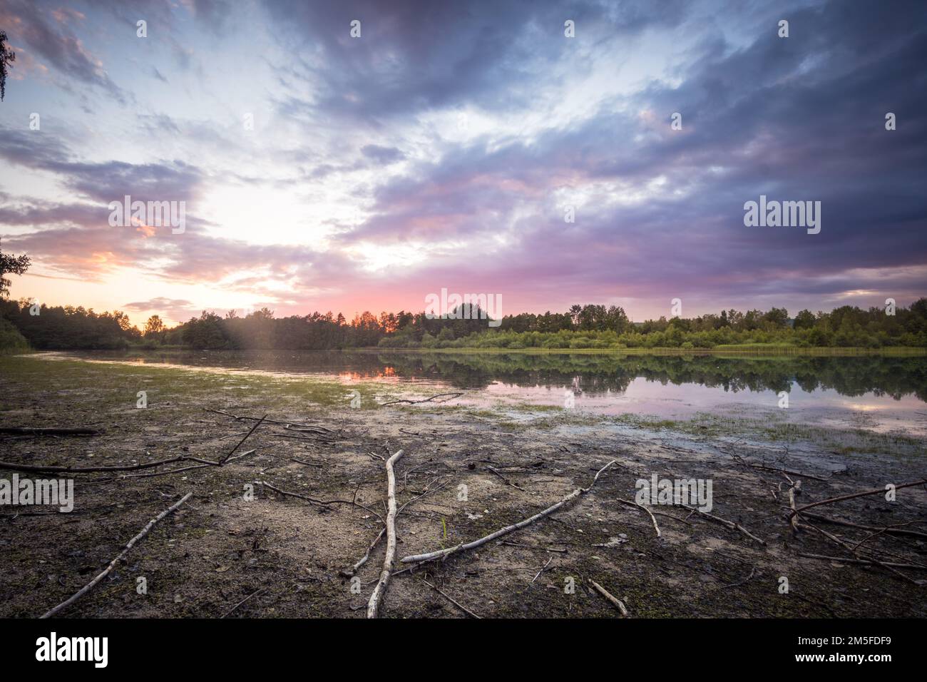Una vista orizzontale del paesaggio paludoso e paludoso con un bel cielo nuvoloso durante il tramonto Foto Stock