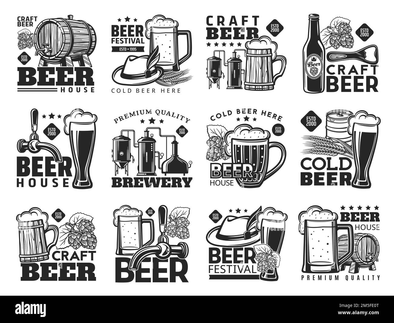 Birra artigianale e tankards icone birreria. Oktoberfest birra festival, bar o pub bianco e nero vettore retrò emblema con barile di legno e barile, cappello alpino, tankard e weizen vetro, rubinetto valvola, luppolo fiore Illustrazione Vettoriale