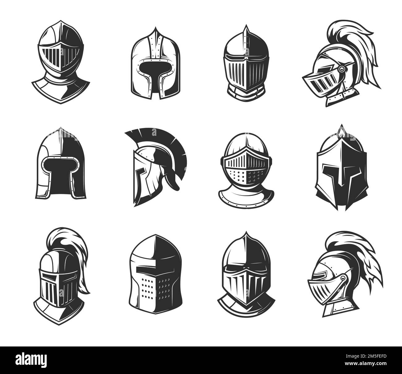 Caschi guerrieri cavaliere, armature araldiche di gladiatore e guardiano reale, icone araldiche vettoriali. Cavaliere medievale o soldato centurione spartano e gladiatore legionnaire armature caschi airaldry Illustrazione Vettoriale