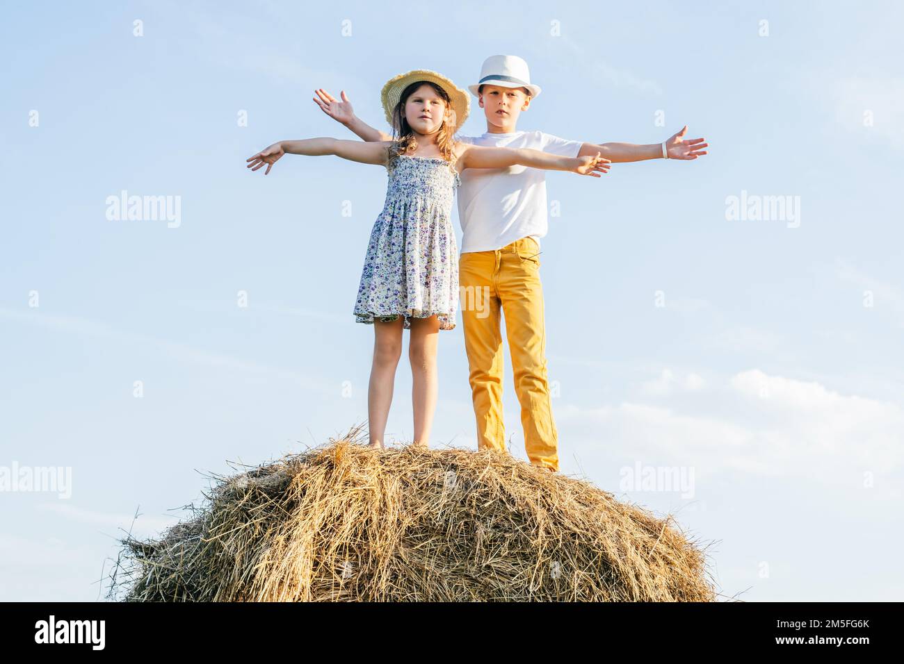 Bambina e ragazzo spensierati in piedi in cima al pagliaio spalancando le braccia. Gli amici sognano di volare. Libertà. Passeggiate all'aperto. Bel cielo blu Foto Stock