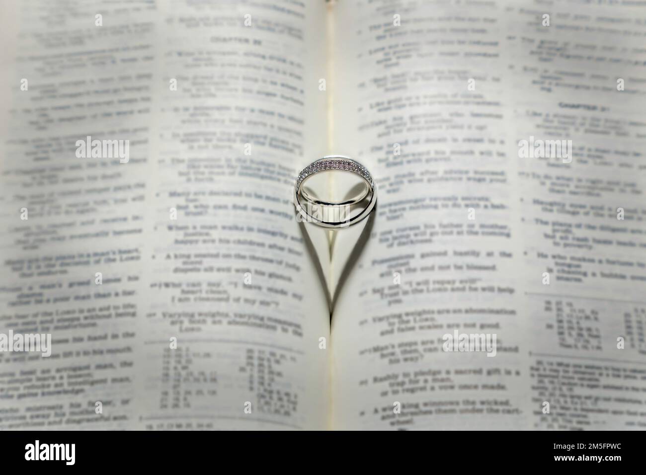 Anelli di nozze con un'ombra a forma di cuore su una Bibbia. Foto Stock