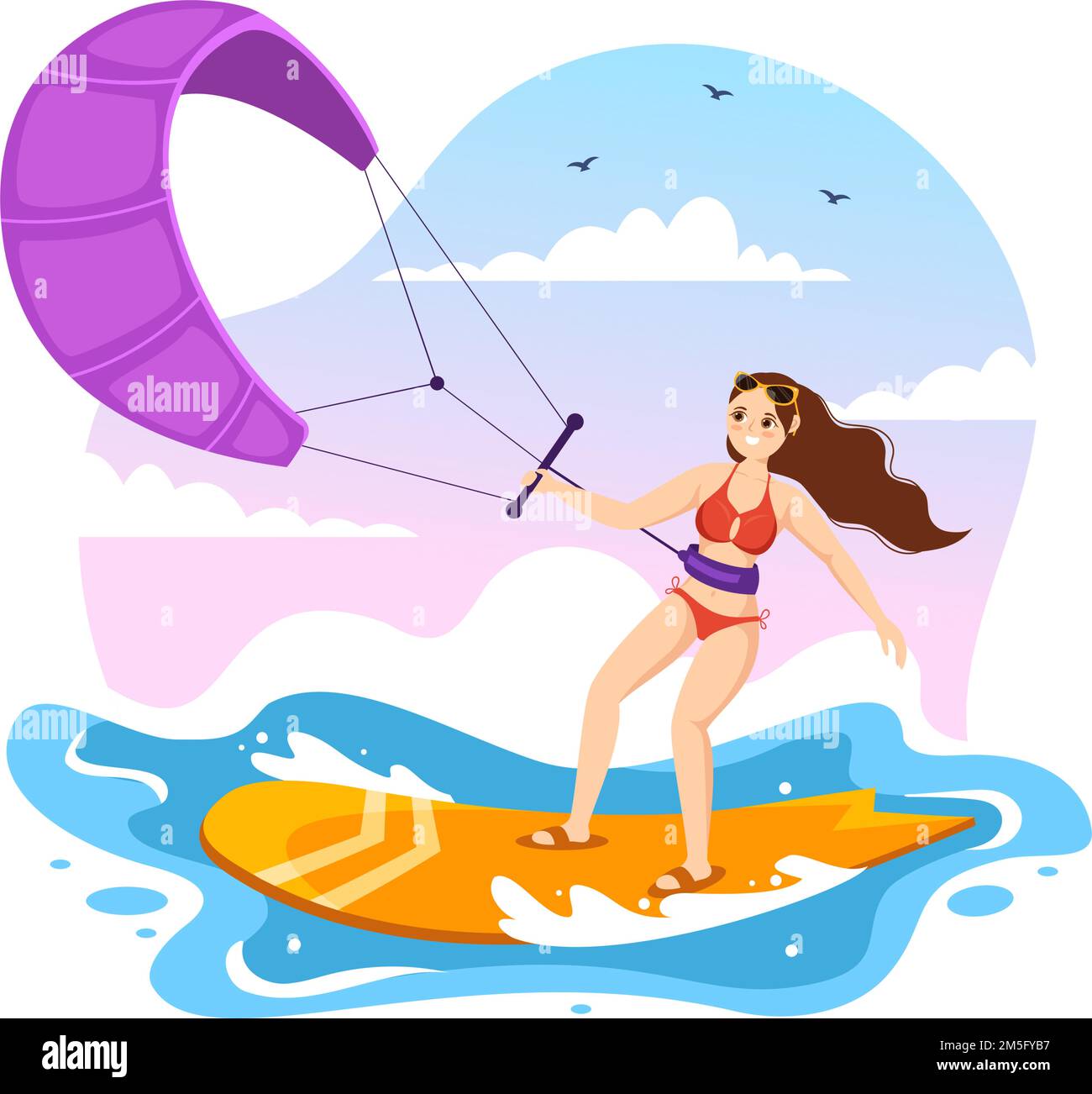 Kitesurf Illustrazione con Kite Surfer in piedi su kiteboard nel Mare d'estate in Extreme Water Sports Flat Cartoon modello disegnato a mano Illustrazione Vettoriale