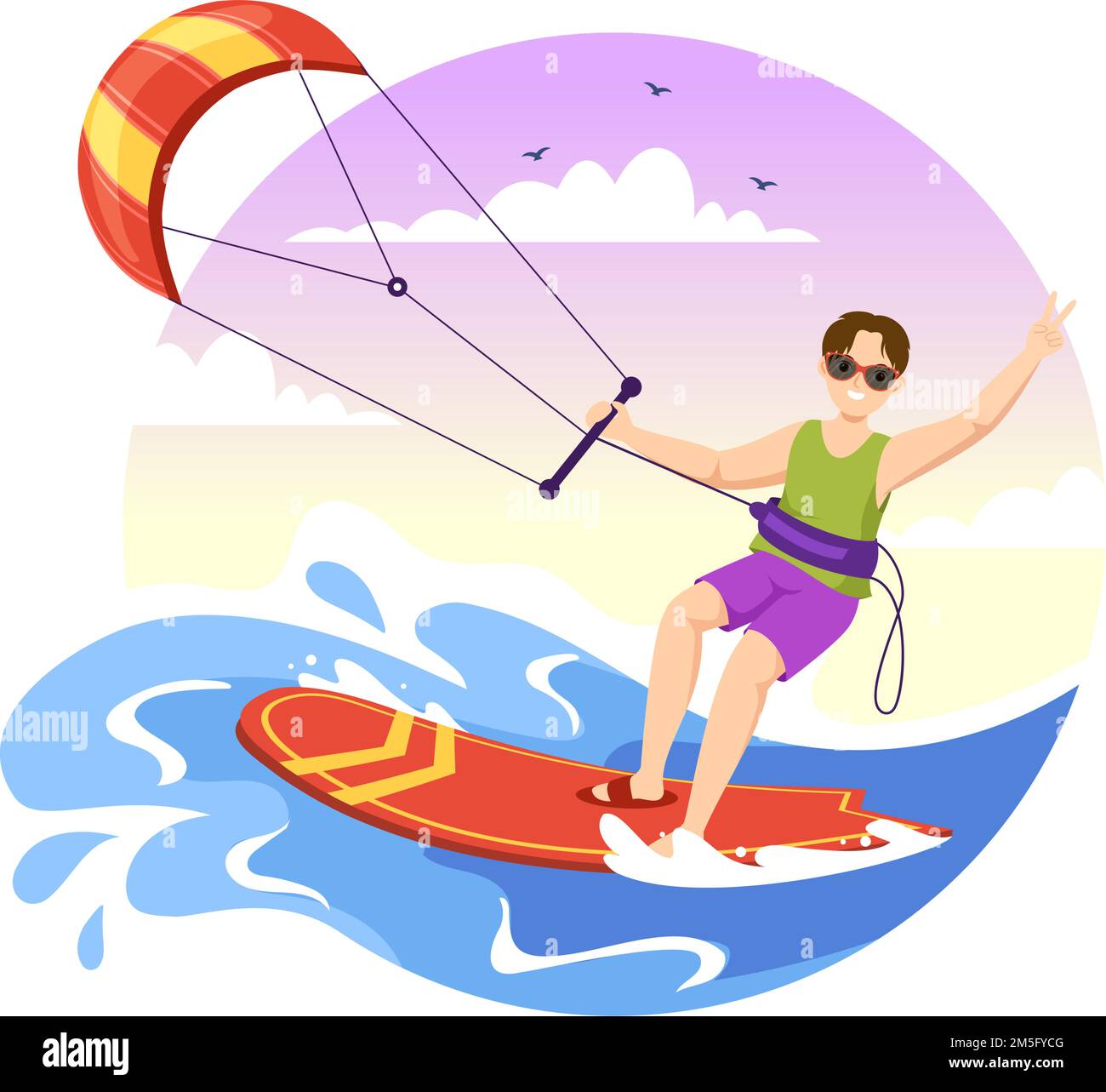 Kitesurf Illustrazione con Kite Surfer in piedi su kiteboard nel Mare d'estate in Extreme Water Sports Flat Cartoon modello disegnato a mano Illustrazione Vettoriale