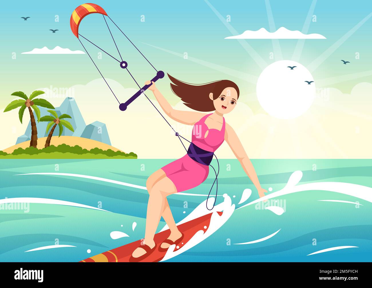 Kitesurf Illustrazione con Kite Surfer in piedi su kiteboard nel Mare d'estate in Extreme Water Sports Flat Cartoon modello disegnato a mano Illustrazione Vettoriale