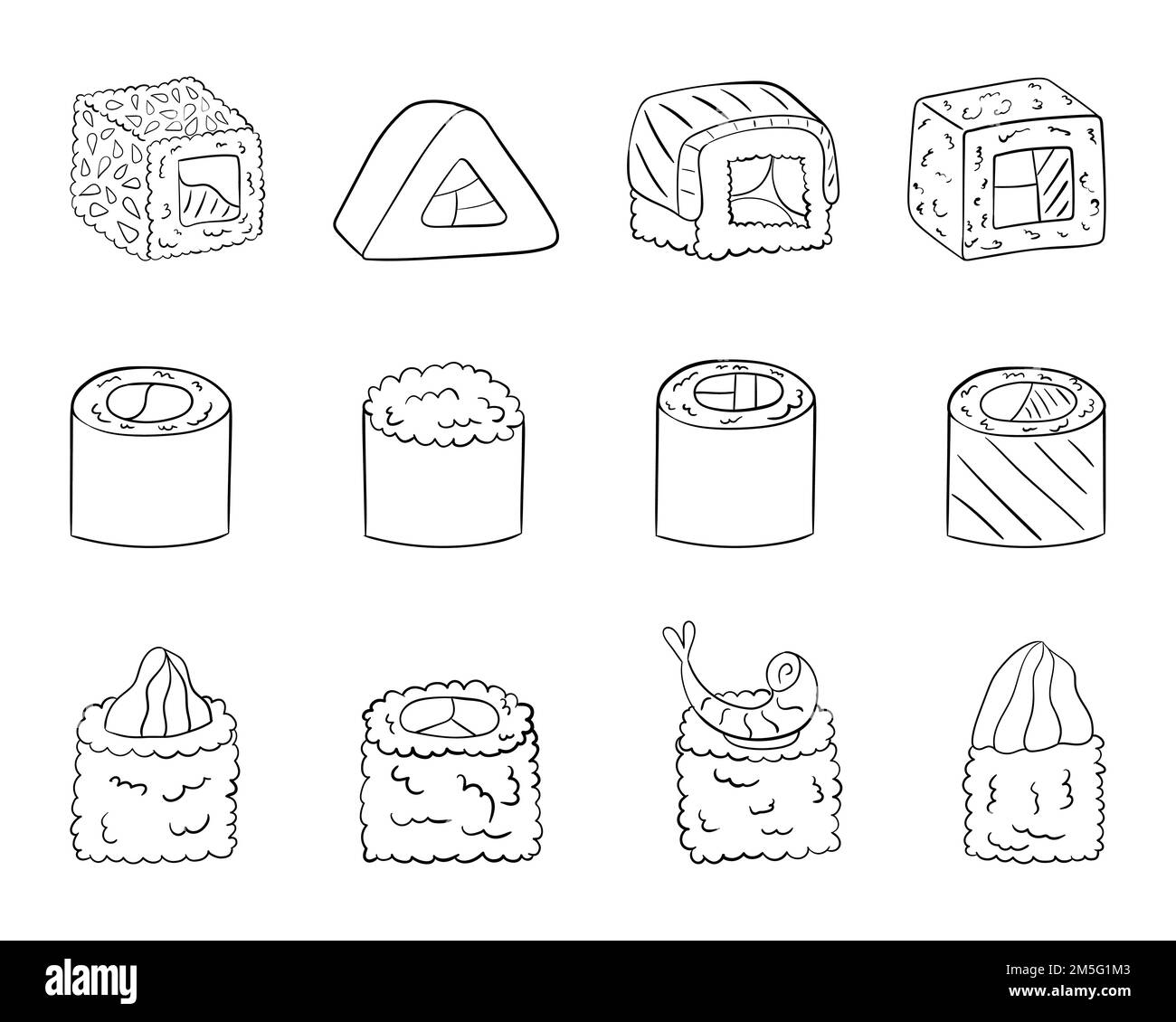 Set sushi, disegno vettoriale di line art su sfondo bianco. Illustrazione Vettoriale