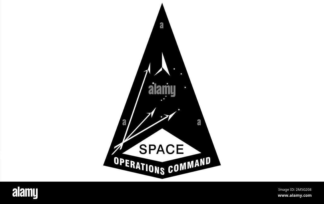 Una rappresentazione monocromatica semplificata dell'emblema Space Operations Command destinato alla stampa di premi, documenti e altri prodotti. Questo non va confuso con la versione ufficiale a colori dell'emblema approvato dall'Istituto di Eraldria. Per una copia della versione .png di questa immagine con trasparenza completa dello sfondo, le organizzazioni DoD e SpOC possono contattare HQ SpOC Public Affairs. (STATI UNITI Grafica Space Force di Dave Graim) Foto Stock