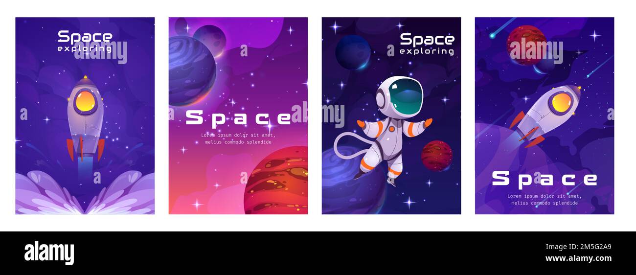 Poster spaziali con astronauta, razzo e pianeti sullo sfondo dell'universo con stelle. Concetto di cosmo esplorare e viaggiare con cosmonauta e lancio astronave, illustrazione vettoriale dei cartoni animati Illustrazione Vettoriale
