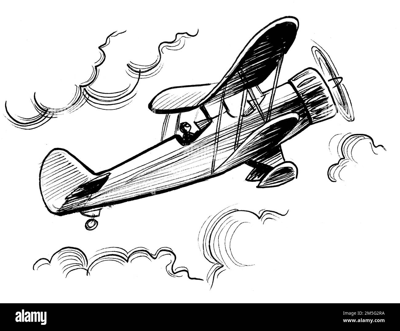 Volo in biplano retrò. Disegno in bianco e nero a inchiostro Foto Stock