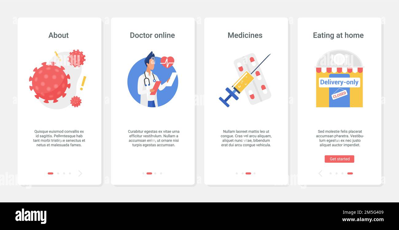 Illustrazione del vettore cartoon di protezione del coronavirus. UX, UI onboarding pagina app mobile impostata con misure preventive per proteggere la salute da infec Illustrazione Vettoriale