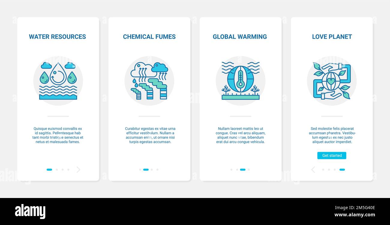 Industria, problema ecologico illustrazione vettoriale. UX, UI onboarding mobile app page set con influenza industriale linea su ecologia, amore per pla Illustrazione Vettoriale