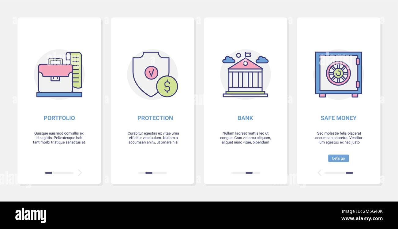 Sicurezza delle banche, illustrazione dei vettori di protezione dei soldi finanziari. UX, UI onboarding schermo app mobile con cassetta di sicurezza per proteggere i depositi Illustrazione Vettoriale