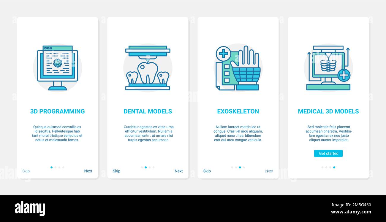 illustrazione vettoriale della tecnologia sanitaria in 3d per la medicina. UX, UI onboarding mobile app page set con line tech medicale moderna innovazione per i denti Illustrazione Vettoriale