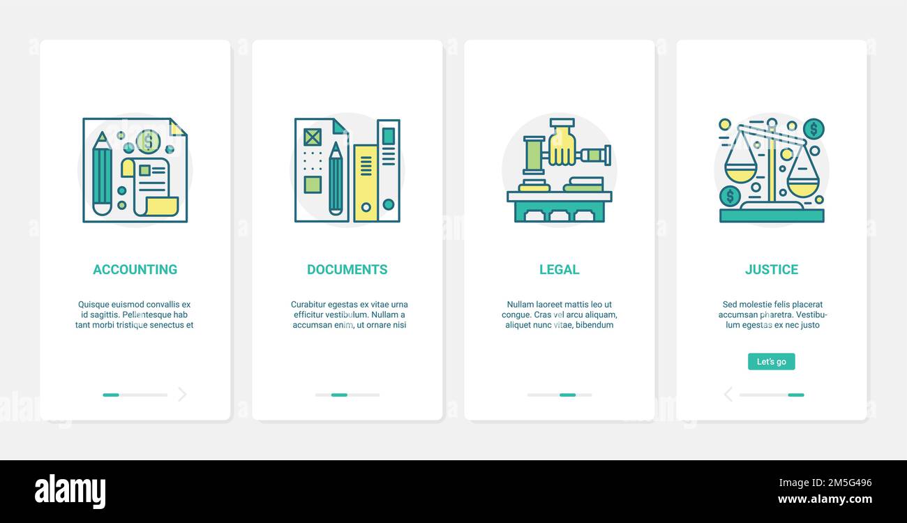 Contabilità delle banche finanziarie, illustrazione dei vettori di servizio legale. UX, UI onboarding mobile app page set con tecnologia line Financial management, acco Illustrazione Vettoriale