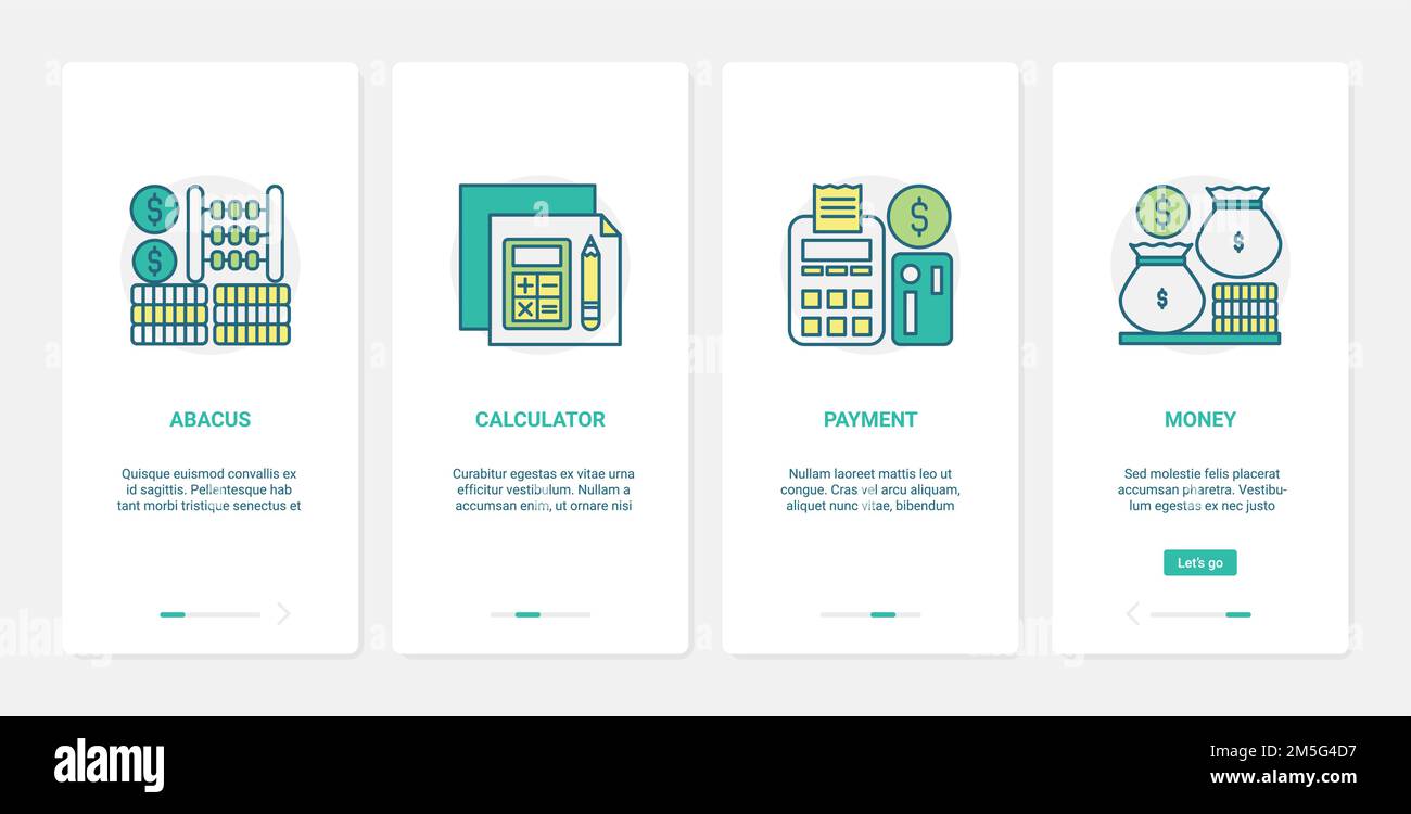 Illustrazione dei metodi finanziari di conteggio del vettore di pagamento. UX, UI onboarding mobile app page set con line Financial online tecnologia a c Illustrazione Vettoriale