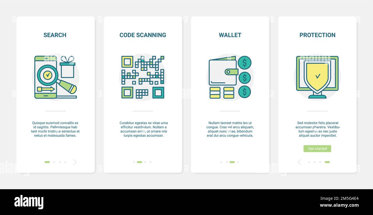 Commercio in linea, illustrazione del vettore di acquisto. UX, UI onboarding mobile app page set con ricerca linea telefono, acquisto e protezione pagamento, d Illustrazione Vettoriale