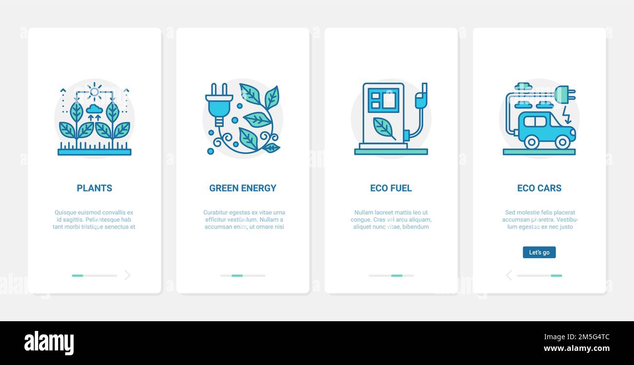 Eco biotecnologia, illustrazione vettoriale della tecnologia naturale. UX, UI onboarding mobile app page screen Environmental set with line green Plants Energy, e. Illustrazione Vettoriale