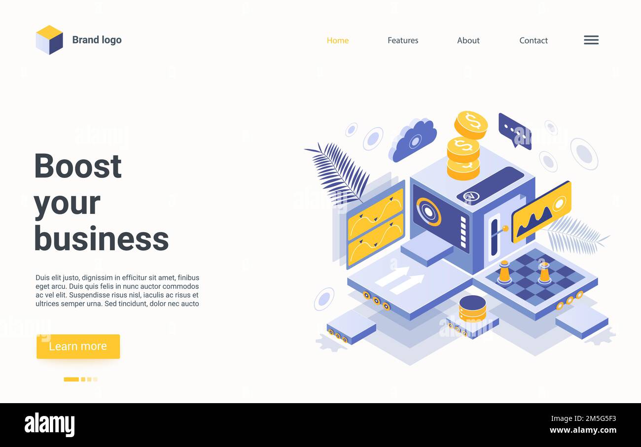 Incrementa il tuo business isometric landing page design, cartoon astratto macchina assistere nel processo di fare soldi, consulenza in business marketing, co Illustrazione Vettoriale