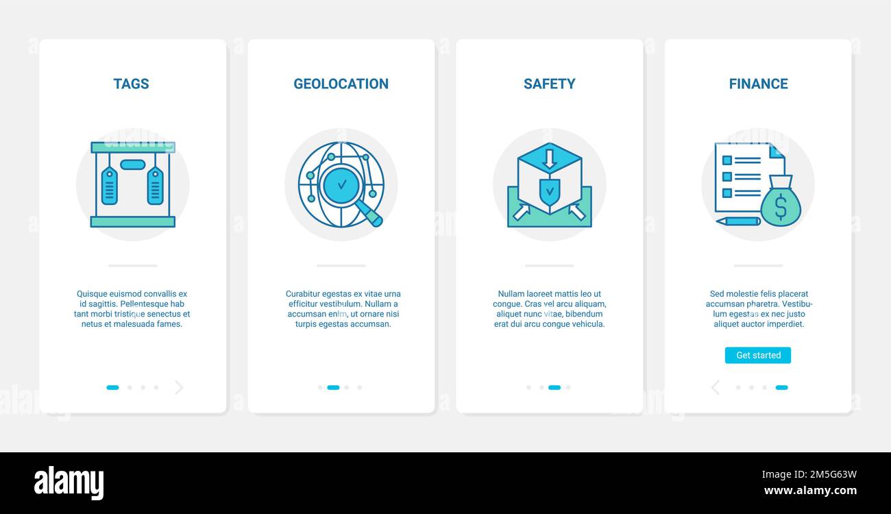 Illustrazione vettoriale del concetto di sicurezza finanziaria della consegna. UX, UI onboarding mobile app page set con line safe finance tag, geolocalizzazione su worl Illustrazione Vettoriale