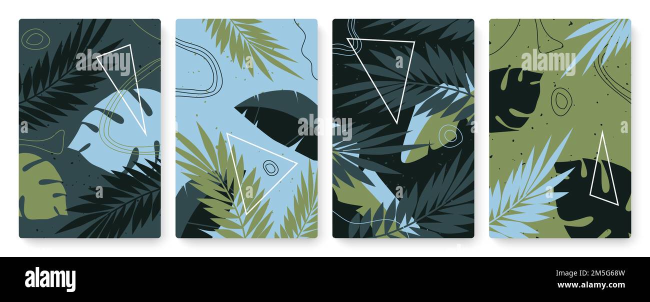 Astratto trendy minimo natura forme geometriche, lascia vettore illustrazione set. Foglia minimalista di piante di alberi tropicali, geometria e disegno a mano lin Illustrazione Vettoriale