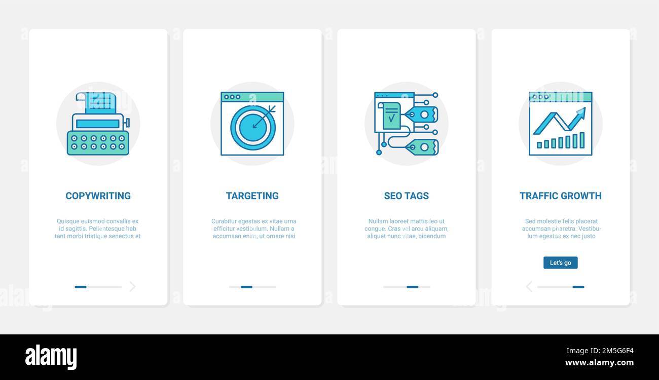 Ottimizzazione SEO internet tecnologia illustrazione vettoriale. UX, UI onboarding pagina app mobile impostata con linea copywriting targeting seo tag web tr Illustrazione Vettoriale