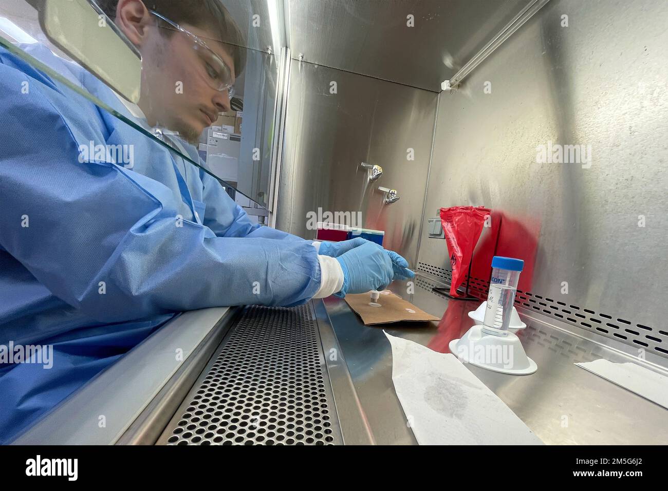 SILVER SPRING, Md (16 marzo 2022) – Joseph Salzo, assistente di ricerca presso il Naval Medical Research Center (NMRC), prepara i dischi per la crescita dei batteri nel laboratorio della Combat Weds Database Division. Parte del Dipartimento delle infezioni di NMRC, la Combat Wound Database Division sviluppa e valuta nuovi trattamenti per combattere le infezioni cutanee e dei tessuti molli associate a organismi multi-resistenti alle lesioni. Foto Stock