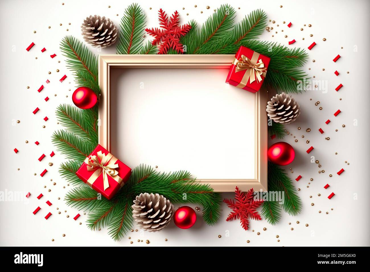 Cornice di Natale in rami di abete, bacche rosse. Carta da parati di Natale. Piano di giacitura, vista dall'alto Foto Stock