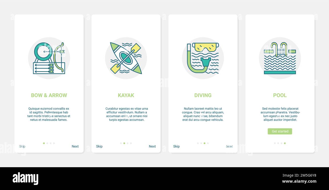 Illustrazione vettoriale dell'attrezzatura sportiva. UX, UI onboarding mobile app page set con freccia linea target e arco per tiro, kayak barca per kayak Illustrazione Vettoriale
