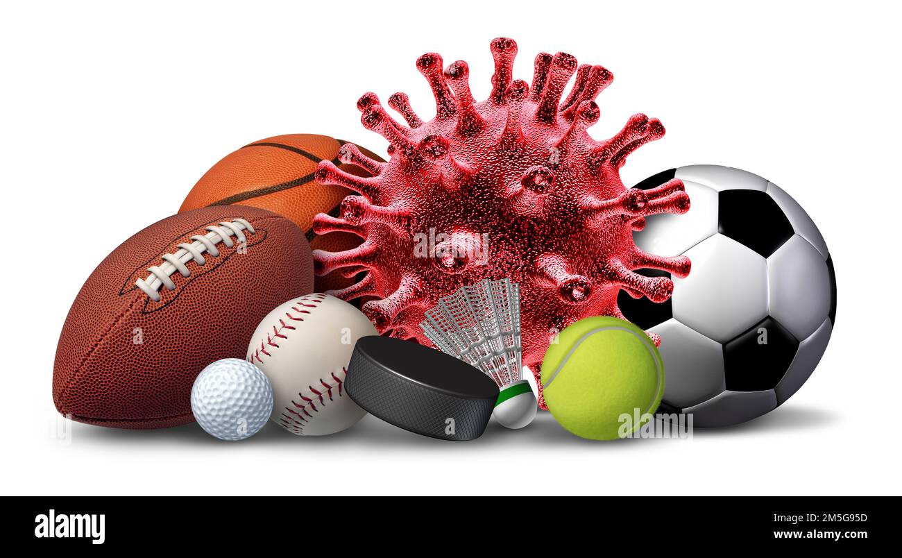Covid e attrezzature sportive con un calcio basket, baseball, calcio, tennis e golf ball e badminton hockey puck come una pandemia di coronavirus Foto Stock