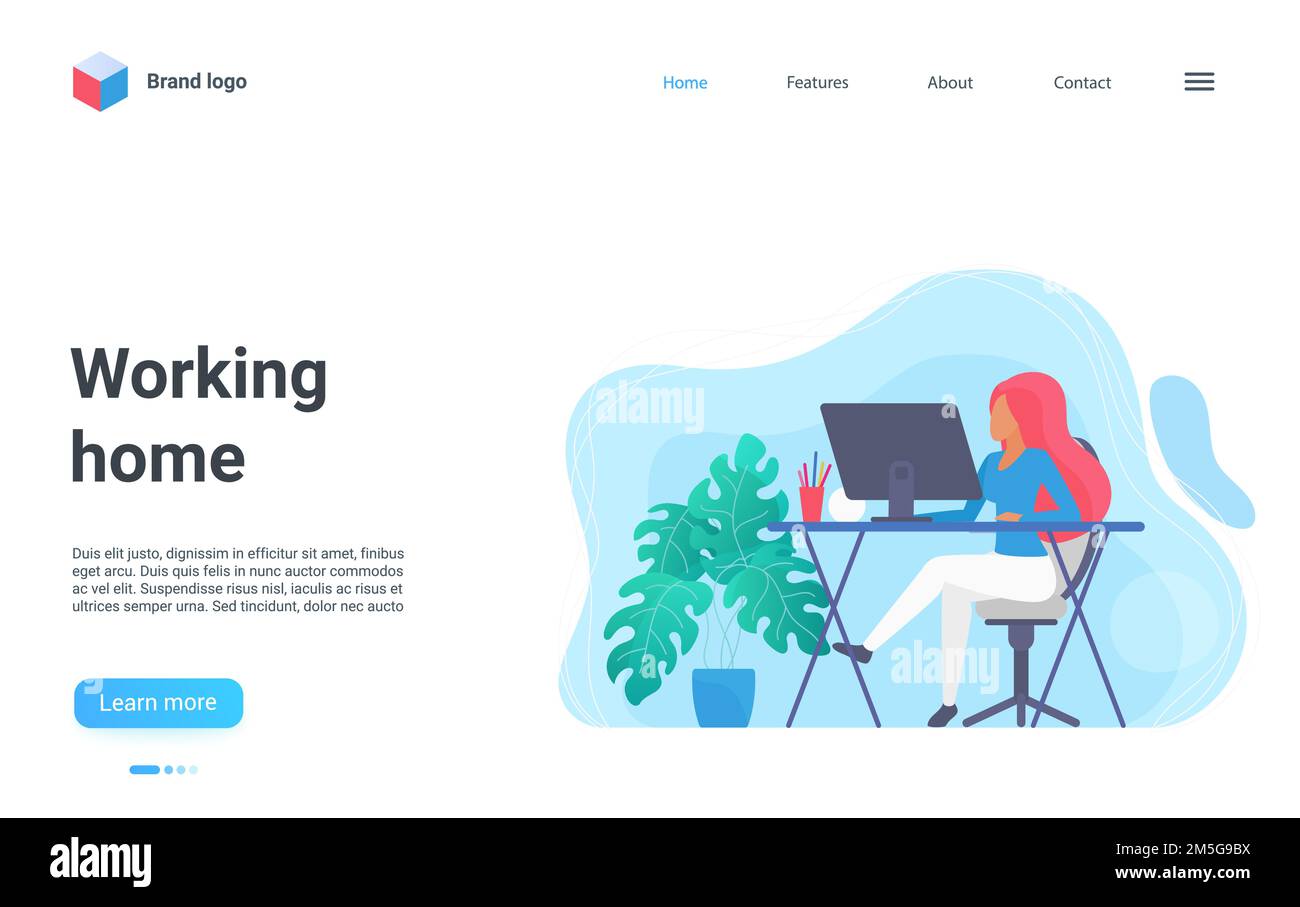 La gente lavora da casa, illustrazione di vettore di lavoro freelance di distanza. Cartone animato giovane donna personaggio freelance seduto al computer scrivania di casa offic Illustrazione Vettoriale