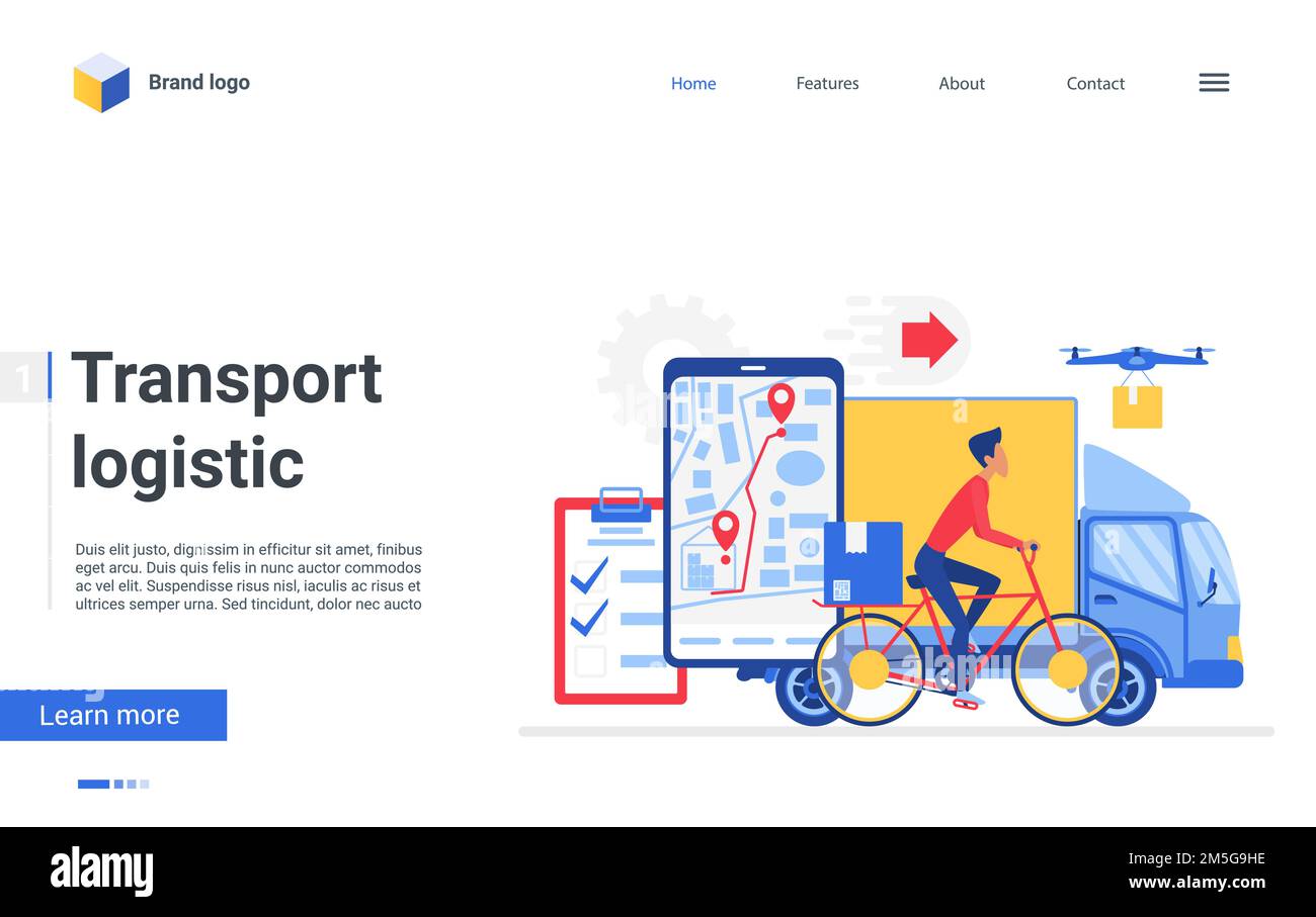 Illustrazione vettoriale del servizio logistico di trasporto. Applicazione di trasporto per il tracciamento del carico on line Cartoon su grande schermo per smartphone, camion, drone e c Illustrazione Vettoriale
