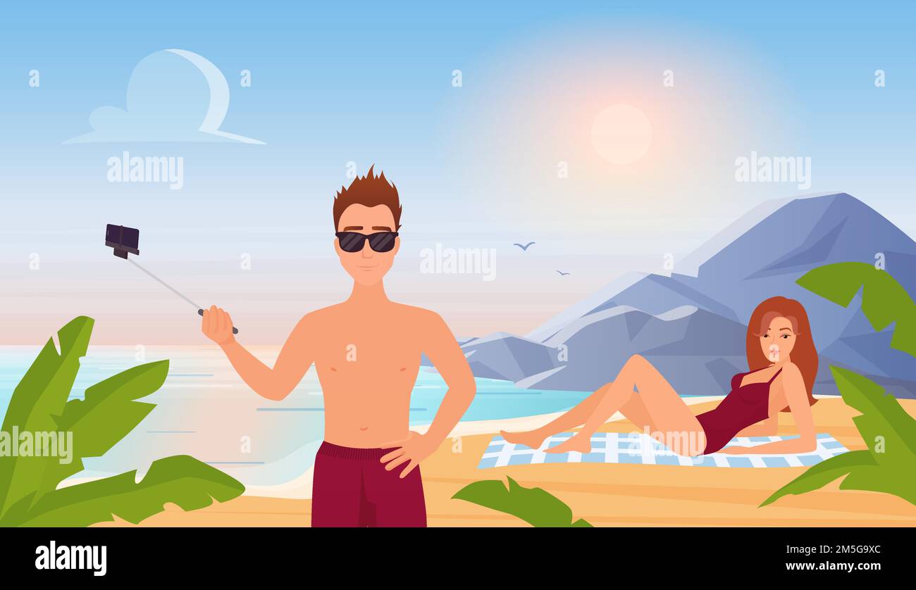 Persone in vacanza di viaggio estate, spiaggia tropicale paesaggio illustrazione. Personaggio uomo cartoon con selfie bastone con telefono cellulare e prendere selfi Illustrazione Vettoriale