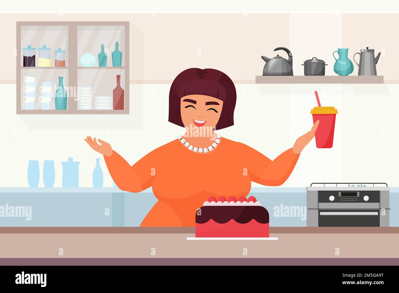 Processo di fabbricazione delle torte, illustrazione vettoriale della pasticceria. Cartoon donna confettiera personaggio cucina torta fatta in casa, dolce al cioccolato con crema Illustrazione Vettoriale