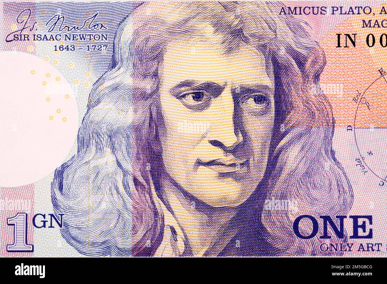 Isaac Newton un ritratto di primo piano dal denaro Foto Stock