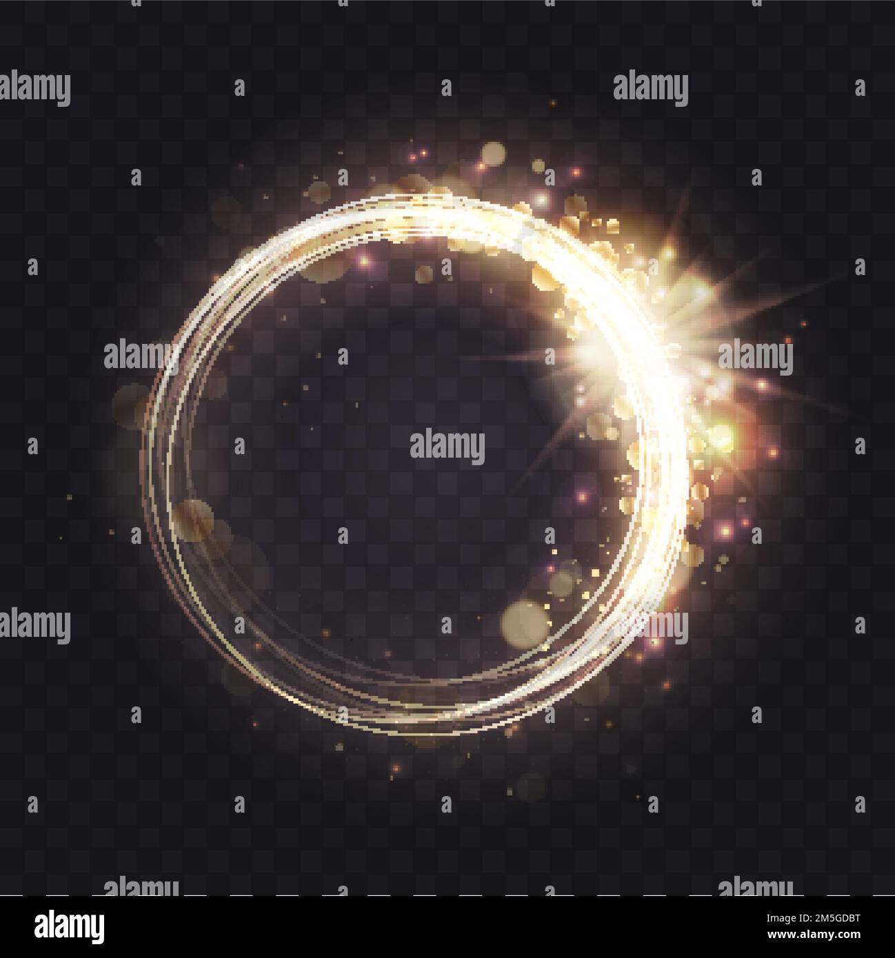 Anello di scintilla luminoso in oro, illustrazione vettoriale dell'effetto cornice di luce astratta. Linee rotonde magiche e brillanti con scintillanti particelle di glitter, giallo fl Illustrazione Vettoriale