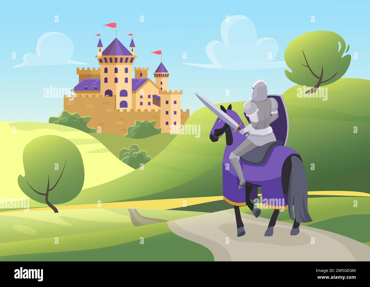 Il cavaliere Principe cavalcò a cavallo per un'illustrazione vettoriale del castello medievale. Scenario fiabesco cartoon con personaggio di cavaliere eroe in armatura con spada e shi Illustrazione Vettoriale