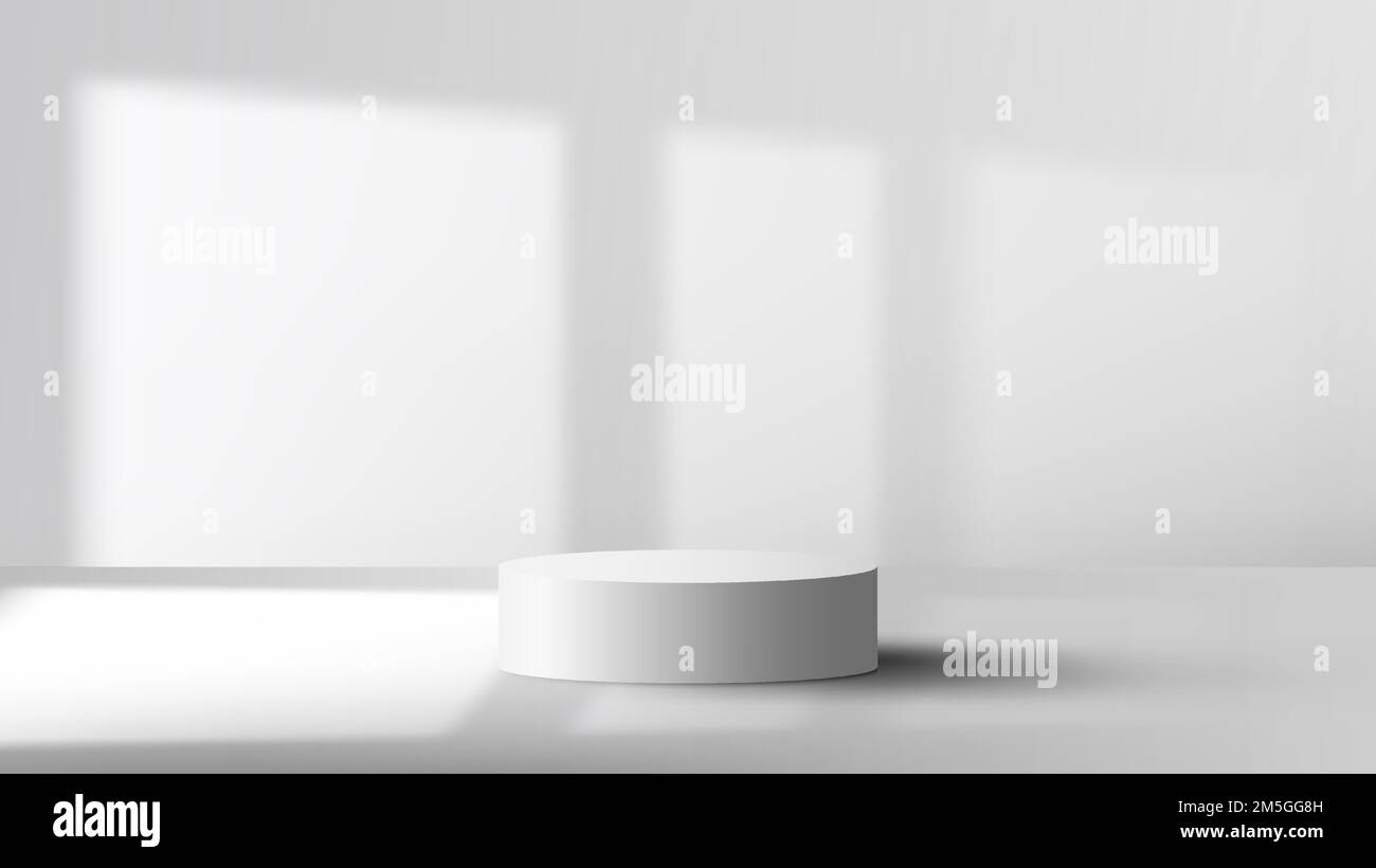 3D realistico vuoto studio camera bianco cilindro podio stand con finestra ombra illuminazione su sfondo pulito scena minimal stile. Display del prodotto per co Illustrazione Vettoriale
